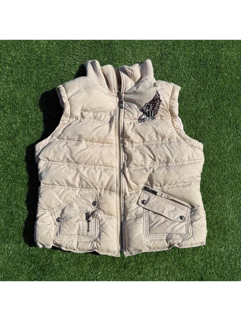 Vintage Harley Davidson Cream Puffer Vest Embroidered Logos Size S